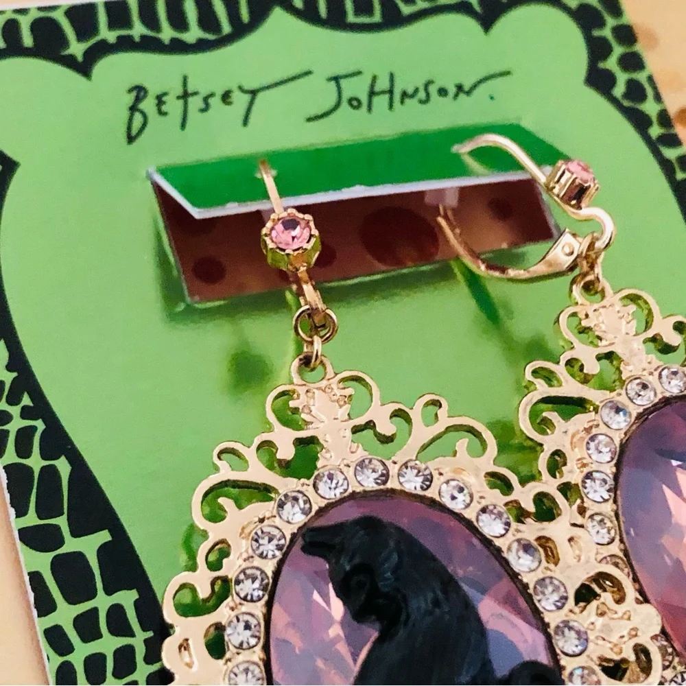 Authentic Betsey Johnson Earrings - Black Cat Gold Filigree Rhinestone Goth NWT